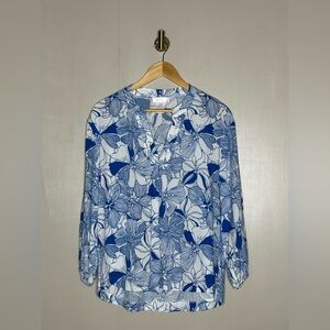 Steff Parker Blue White Floral Rayon Blouse V Neck Tie Front M